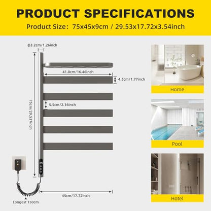 Electric Heated Towel Rack with Storage Rack, Rotating Towel Warmer Wall Mounted Drying Rack,Stainless Steel Towel Warmer 5 Bars with Built-in Timer, Plug-in or Hardwired,Grey - color: Grey