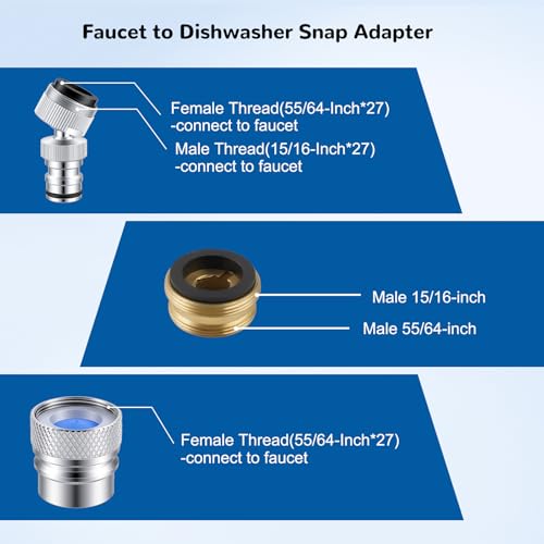 Hibbent 2 PACK Faucet to Dishwasher Adapter, Quick-Connect Dishwasher Snap-On Connection, with Swivel Ball Joint and Faucet Aerator, Male 15/16 Inch and Female 55/64 Inch, Chrome - color: Chrome