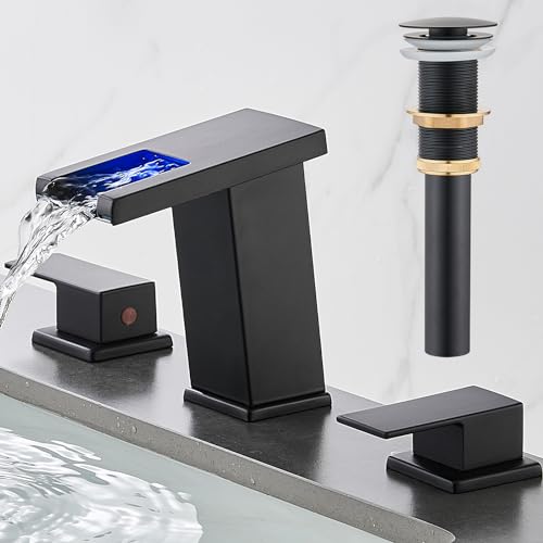 LED Bathroom Faucet 3 Hole, Matte Black Waterfall Bathroom Faucets, 8 Inch Widespread Modern Bathroom Sink Faucet & Parts, Wide Spread Touch On Three Hole 2 Handle Bathroom Vanity Faucet - color: Matte Black