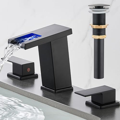 LED Bathroom Faucet 3 Hole, Matte Black Waterfall Bathroom Faucets, 8 Inch Widespread Modern Bathroom Sink Faucet & Parts, Wide Spread Touch On Three Hole 2 Handle Bathroom Vanity Faucet - color: Matte Black