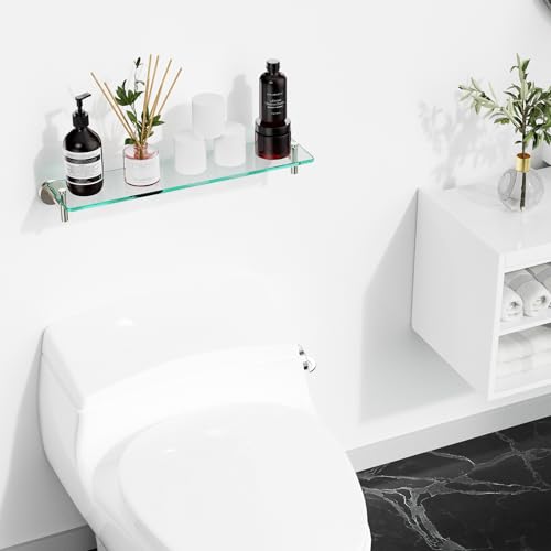 Glass Shelves for Bathroom,20-Inch Brushed Nickel Floating Bathroom Shelf Stainless Steel Tempered Glass Shelf Modern Shelves Wall Mounted - color: Brushed Nickel, size: 20"without railing