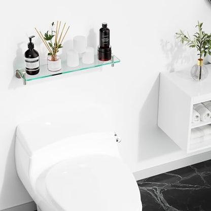 Glass Shelves for Bathroom,20-Inch Brushed Nickel Floating Bathroom Shelf Stainless Steel Tempered Glass Shelf Modern Shelves Wall Mounted - color: Brushed Nickel, size: 20"without railing