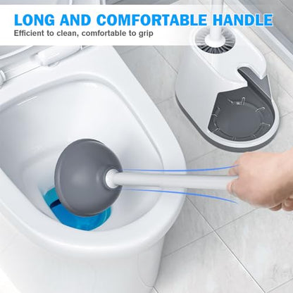 Toilet Plunger and Brush Set, 2 Pack Silicone Bowl Brush and Heavy Duty Toilet Plunger with Ventilated Holder, 2-in-1 Toilet Brush and Plunger Combo for Bathroom Deeply Cleaning (White & Grey)
