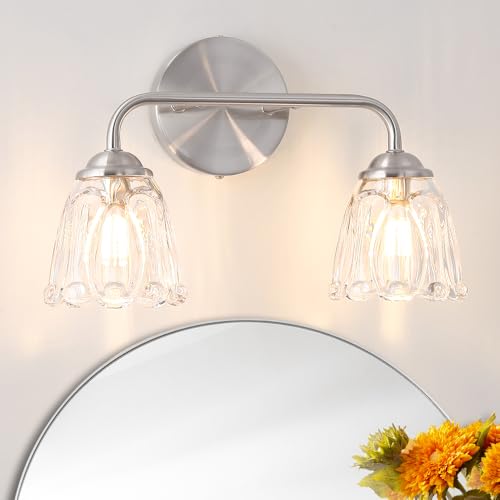 Daunton Vintage Bathroom Vanity Light, Brushed Nickel Vanity Lights Over Mirror, 2-Light Elegant Bathroom Light Fixture with Flower Glass Shade, Wall Sconce Lighting for Bedroom Lining Room - color: Nickel, size: 14.17in
