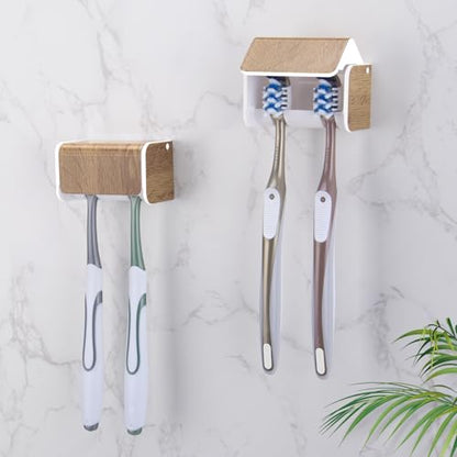 2 PCS Toothbrush Holders Wall Mounted with Cover (2, Wood Grain) | Wall mounted, Detachable, Easy to clean, Breathable, 2 Slots Self Adhesive Toothbrush Organizer for Bathroom - color: Wood Grain