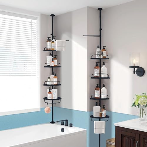 Corner Shower Caddy Constant Tension Pole Rustproof Shower Rack 4 Tiers Adjustable Bathroom Storage Organizer Drill Free