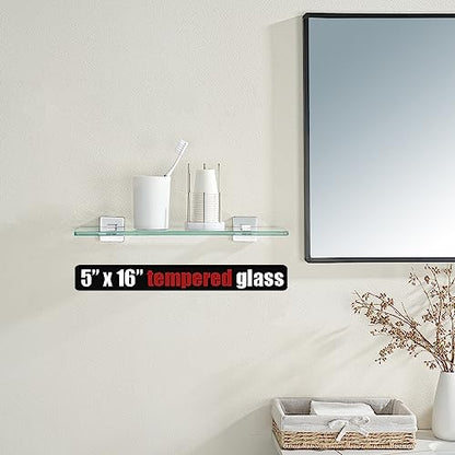 JQK Bathroom Glass Shelf, Floating Tempered Glass Shower Storage 16 by 5 inches, 304 Stainless Steel Polished Chrome Wall Mount, TGS201L16-CH - color: Polished Chrome, size: 16 Inch