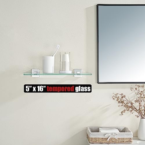 JQK Bathroom Glass Shelf, Floating Tempered Glass Shower Storage 16 by 5 inches, 304 Stainless Steel Polished Chrome Wall Mount 2 Pack, TGS201L16-CH-P2 - color: Polished Chrome, size: 16 Inch(2 Pack)