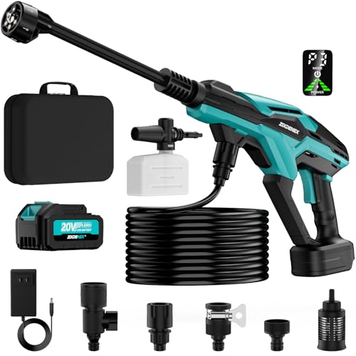 Cordless Portable Cleaning Tool, 800PSI Brushless Cleaning Tool with 18V 4.0Ah Battery, 17FT High Elastic Hose, 6-in-1 Nozzle and Storage Handbag, 3 Power Level Adjustable for Home, Car, Garden