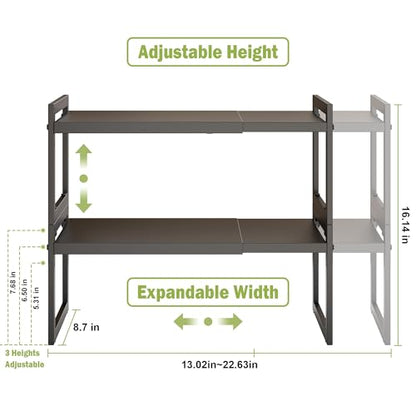 DOLALIKE Expandable Kitchen Countertop Organizer, Stackable Cabinet Shelf Organizers, Space Saving Spice Rack Pantry Storage for Bathroom Office Organization (Black, 2 Pack) | Space Saving Metal Pantry Storage Racks for Kitchen Spice Rack Pans and Untensi