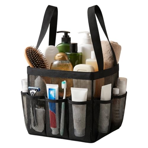 Mesh Shower Caddy, Portable Black Beach Tote Bag for Bathroom Dorm Essentials, Quick Dry Toiletry Organizer Large with 2 Handles 9 Pockets for Swim Pool Gym College Camp Travel Women Men Basket Bag