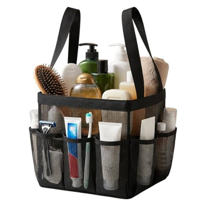 Mesh Shower Caddy, Portable Black Beach Tote Bag for Bathroom Dorm Essentials, Quick Dry Toiletry Organizer Large with 2 Handles 9 Pockets for Swim Pool Gym College Camp Travel Women Men Basket Bag
