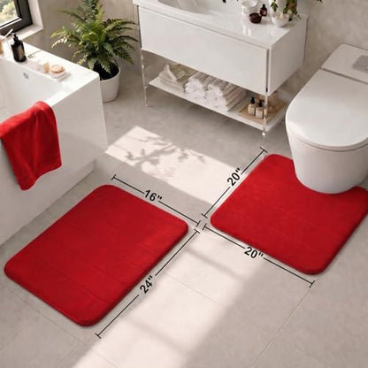 2 Piece Memory Foam Bath Mat Set, Extra Soft Absorbent Bathroom Rugs with U-Shaped Toilet Rug, Non-Slip Backing, Machine Washable, 24x16 + 20x20 U-Shaped, Red - color: Red