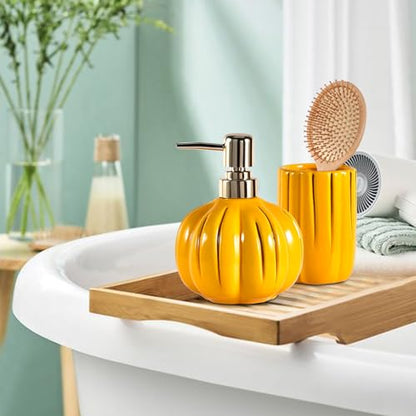Fall Bathroom Accessories Set of 3, Thanksgiving Pumpkin Bathroom Decor, Ceramic Bathroom Sets Complete -Toothbrush Holders, Soap Dispenser, Soap Dish, Bathroom Organizer for Countertop - size: Pumpkin-Yellow