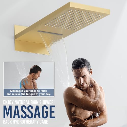 Thermostatic Shower System, Waterfall Shower Head(Brushed Gold) | 22-Inch Rain & Waterfall Large Shower Head, High Pressure Handheld Sprayer, 3 Modes Push Button Valve - color: Brushed Gold