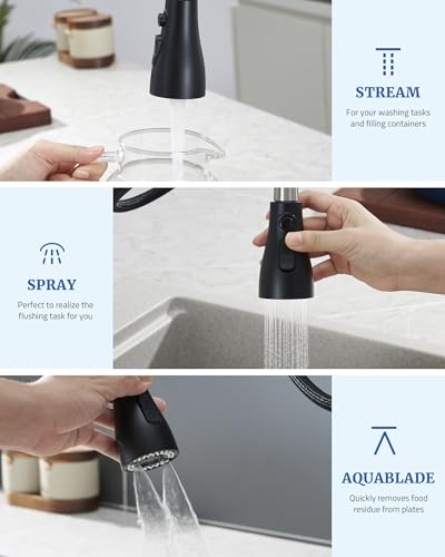 Kitchen Faucet Spray Head Replacement, Pull Down Sprayer with 15 Adapters | Pull Out Faucet Spray Nozzle, 3 Modes Stream/Spray/Strong Spray, DOE CEC Certified, Simple Installation, Matte Black - color: Matte Black