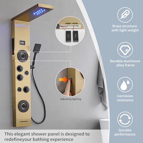 Brushed Gold Shower Panel LED Rainfall Waterfall Shower Head | 6 Functions,Rain Massage,Body Jets,Handheld Shower,Tub Spout,Temperature Display,Wall Mount, Stainless Steel Shower Panel - color: Brushed Gold, style: Shower Panel-LED