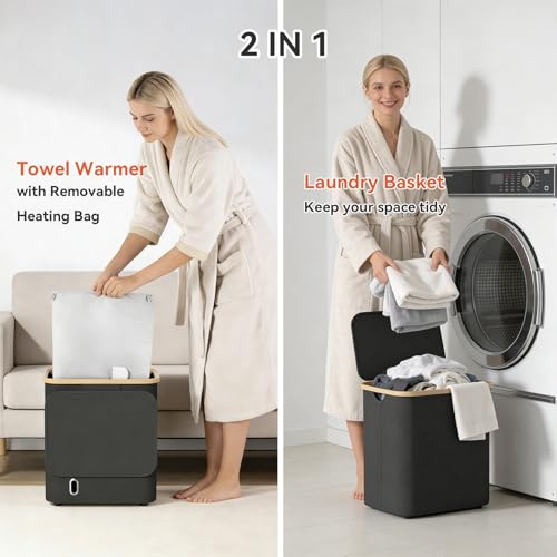 Towel Warmer & Laundry Hamper 2-in-1, Black Foldable Towel Warmer for Bathroom with Removable Heating Bag, 20/40/60Mins Timer, Auto Shut-Off, 38L Fits 2 to 3 Large Towels PJs Blankets