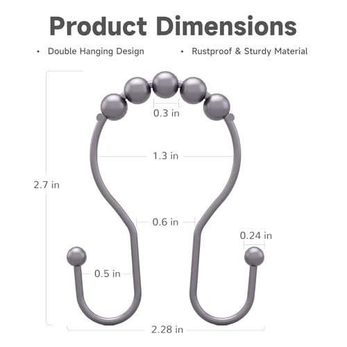 Bathway Shower Curtain Hooks, Shower Curtain Rings Rust Proof Double Hook Shower Curtain Hooks, 12 Pcs Grey Shower Hooks for Shower Curtain, Shower Rings for Curtain, Metal Shower Rod Hooks - color: Grey