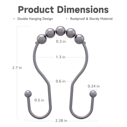 Bathway Shower Curtain Hooks, Shower Curtain Rings Rust Proof Double Hook Shower Curtain Hooks, 12 Pcs Grey Shower Hooks for Shower Curtain, Shower Rings for Curtain, Metal Shower Rod Hooks - color: Grey