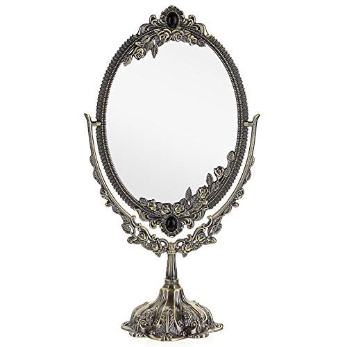 JUXYES Metal Tabletop Antique Decorative Makeup Mirror with Stand | Vintage 360° Swivel Double Sided Cosmetic Mirror with Frame, Retro Desktop Dressing Mirror Magic Mirror for Dresser, Bronze - color: Antique Bronze, size: 15"L x 7"W