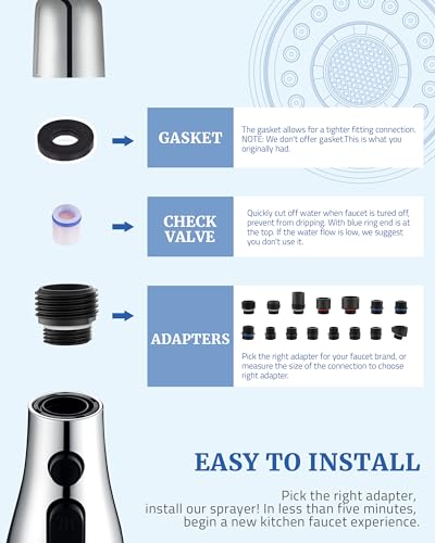 Kitchen Faucet Head Replacement, 15 Adapters, 3-Mode Pull Down Sprayer Head | 3 Functions Stream Spray Pause, Easy 5-Min Install, Pull Out Nozzle, Chrome, Compatible with Moen Delta Hansgrohe - color: Chrome
