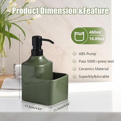 Gets Soap Dispenser Green Ceramic Pump Bottle with Storage Holder | Countertop Liquid Hand Wash Bottle with Organizer Tray for Bathroom, Kitchen, Refillable Modern Dispenser for Vanity Sink - size: Green With Sponge Holder