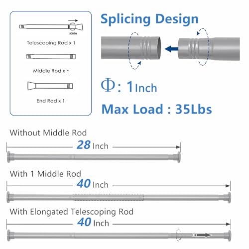 Grey Shower Curtain Rod 28"-52", Never Rust Anti-Slip Adjustable Tension Curtain Rods No Drilling, Heavy Duty Spring Enlarged Diameter 1" Tension Rod for Bathroom/Closet/Room Divider - color: Grey, size: 28"-52"