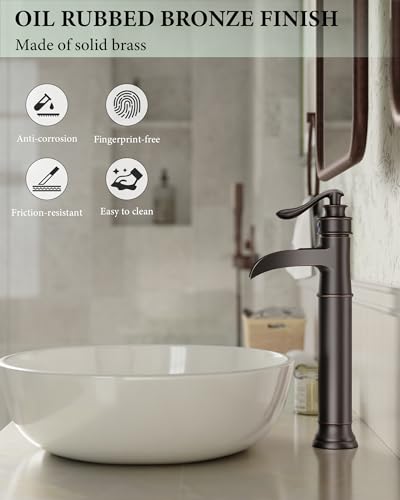 Waterfall Vessel Sink Faucet Brass Single Handle 1 Hole | Bathroom Sink Faucet with Pop Up Drain Without Overflow Oil Rubbed Bronze Tall Bathroom Faucets Homevacious - color: Oil Rubbed Bronze