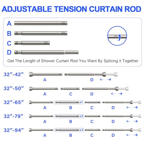 TEECK Shower Curtain Rod, 32-79 inch Adjustable Tension Spring, 1 Inch Shower Curtain Rod Tension, Anti-Slip, Rust-Proof, No Drilling, for Bathroom, Nickel - color: Nickel, size: 32-79 Inches