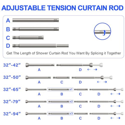 TEECK Shower Curtain Rod, 32-79 inch Adjustable Tension Spring, 1 Inch Shower Curtain Rod Tension, Anti-Slip, Rust-Proof, No Drilling, for Bathroom, Nickel - color: Nickel, size: 32-79 Inches
