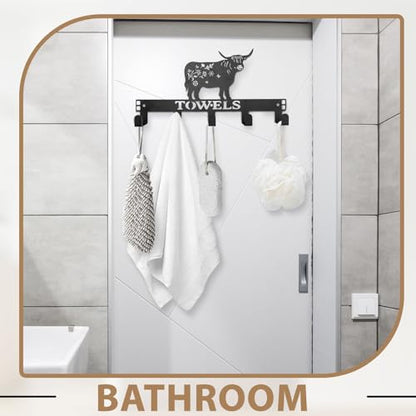 Highland Cow Over The Door Hooks Wall Mount Towel Rack Heavy Duty Hanging Towel Holder Metal Highland Cow Decor for Bathroom Bedroom Kitchen Storage Decorative - style: Highland cow