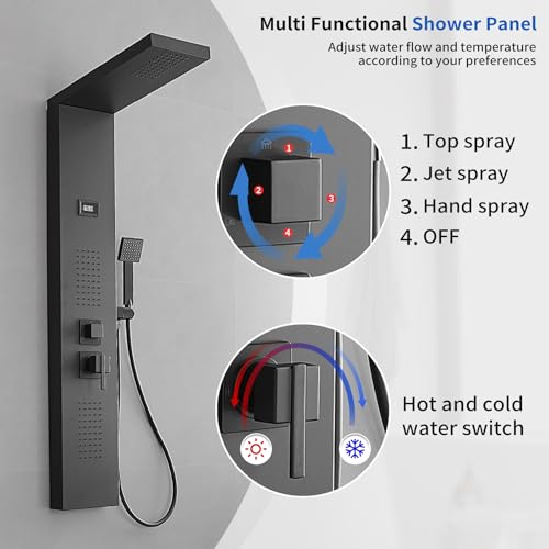 Bathroom Shower Panel Shower Tower System with 100 Body Massage Nozzle Jets, Shower Wall Panels Rainfall Shower Head with Temperature Display, Stainless Steel, Black