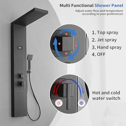 Bathroom Shower Panel Shower Tower System with 100 Body Massage Nozzle Jets, Shower Wall Panels Rainfall Shower Head with Temperature Display, Stainless Steel, Black