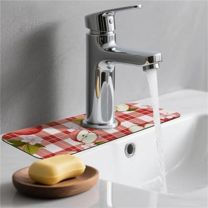 Kitchen Sink Splash Guard，Apple-on a checkered Faucet Mat Sink Gadgets-Super Absorbent Fast Drying Mat Drip Catcher for Kitchen, Bathroom,Sink Mat, Dish Drying Mat, Bathroom(15" X 5.5" ) - color: Apple-on a checkered