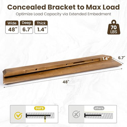 Acovy 48in Solid Spruce Wood Floating Shelves with Beveled Bottom Edges, Wooden Floating Shelf with Heavy-Duty Bracket for Living Room Bathroom Bedroom Kitchen, Rustic Light Brown, Set of 2 - color: Rustic Light Brown, size: 48"-2 Packs