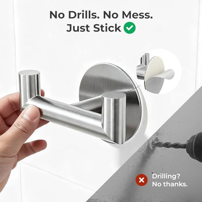 2 Pack Brushed Nickel Bathroom Hooks for Towels, Robes, Coats, Shower Use | Self-Adhesive, Stainless Steel, Rust Resistant, Double hooks, Easy Install, Space Saving - color: Silver