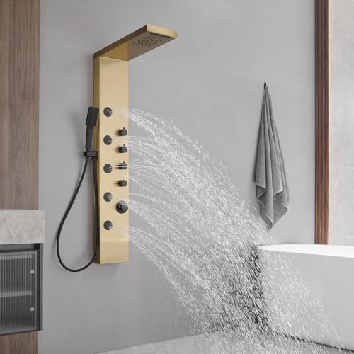Shower Panel Shower Tower System Stainless Steel with 5 Body Jets Massage Adjustable, Bathroom Shower Column Wall Mount, Brushed Nickel and Black