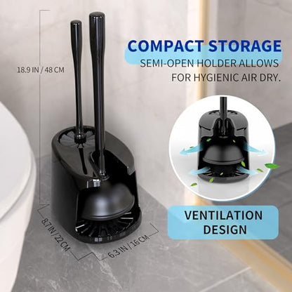 MR.SIGA Toilet Plunger and Brush with Holder for Toilet Cleaning, Black | Heavy duty toilet brush and plunger set, plunger toilet brush combo - color: Black