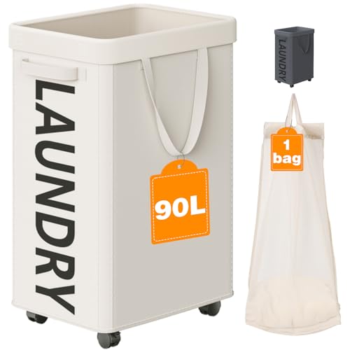 Optish Laundry Basket with Wheels, 90L Rolling Laundry Hamper with Wheels, Large Clothes Hamper on Wheel with Removable Mesh Bag for Bedroom, Bathroom, Dorm, White - color: White, size: 90L (24Gal)
