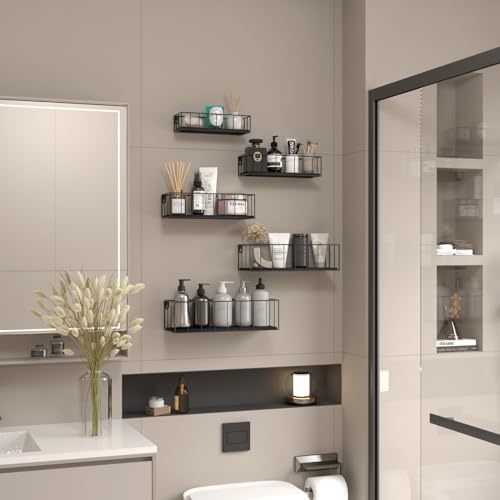 CRUGLA Black Floating Shelves Wall Mounted Set of 5, Hanging Wall Shelf with Rail for Bathroom, Bedroom, Living Room, Kitchen - color: Black