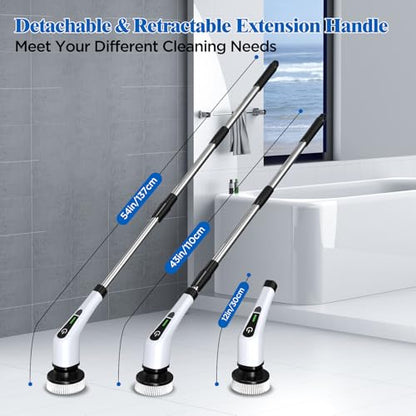 Electric Spin Scrubber, Cordless Bath Tub Power Scrubber with 8 Replaceable Drill Brush Heads, Shower Cleaning Brush with Adjustable Handle for Bathroom, Tile Floor & Car, White, (ANS-8050)