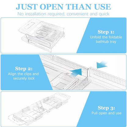 Expandable Bathtub Tray Caddy, AZ. MIFENO Clear Acrylic Bath Tray for Tub for Bath Relaxing, Foldable Bath Table Trays Luxury Spa Bathtub & Bathroom Accessories for Women Gift (Clear)
