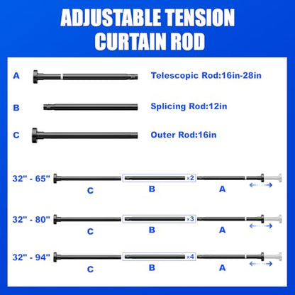Ausemku Shower Curtain Rod 32-80 Inch Adjustable - Heavy Duty No drill Spring Tension Shower Rod, Non-Slip Rustproof Telescopic Rod for Bathroom, Black - color: Black, size: 32-80 Inches