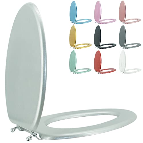 Elongated Toilet Seat Wood Toilet Seat Prevent Shifting with Zinc Alloy Hinges American Standard Size Toilet Seat Easy to Install also Easy to Clean(Elongated,Sparkling Classical Silver) - color: Classical Silver, size: Elongated