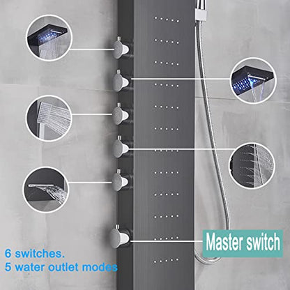 Split Shower Panel Tower System, Stainless Steel 5 in 1 Shower Column with LED Rainfall Waterfall Shower Head, Water Temperature Display and Body Jets,Black - color: Black