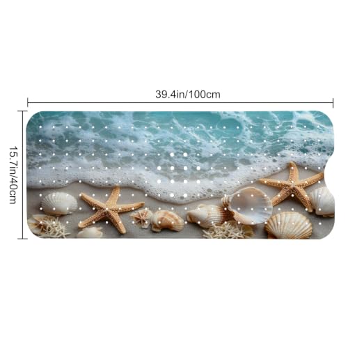 LNOND Summer Beach Bathtub Mat Non Slip, 40 X 16 Inch Tub Mat for Bathroom, Blue Sand Starfish Bath Tub Shower Mat with Drain Holes and Suction Cups - color: Blue Sand Starfish Bathtub Mat