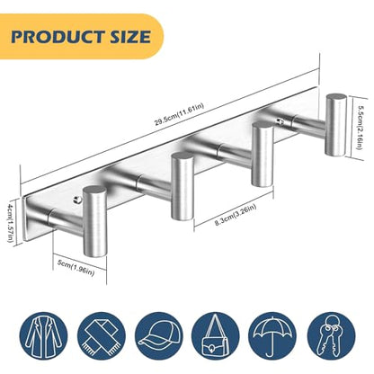 HUFEEOH T-Shaped Stainless Steel Coat Rack Wall Mount - 4 Heavy Duty Hooks for Bathroom, Mudroom Entryway, Durable Purse Hanger & Towel Rack - color: Silver, size: 1 Pack "T" shape 4 hooks