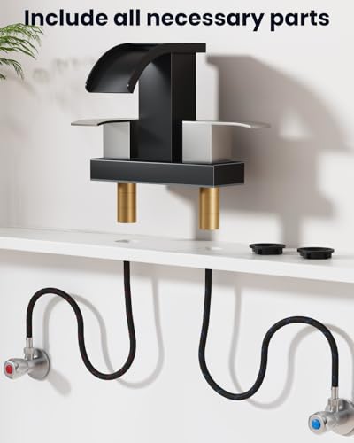 gotonovo Waterfall 4’’ Centerset Bathroom Sink Faucet Black&Brushed Nickel | 2 Handle Bathroom Faucet,SUS304,2 or 3 Hole,2.17’’ Wide Spout,24’’ cUPC Water Line,Pop Up Drain,Vanity,RV,Lavatory Modern Tap - color: Black&Nickel