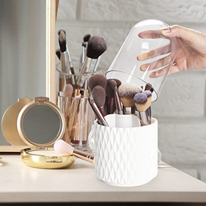 Makeup Brush Holder Organizer with Lid -360° Rotating Dustproof Make Up Brushes Container with Clear Acrylic Cover, Spinning Cosmetics Holders Storage Cup with 5 Compartment - color: White+Lid